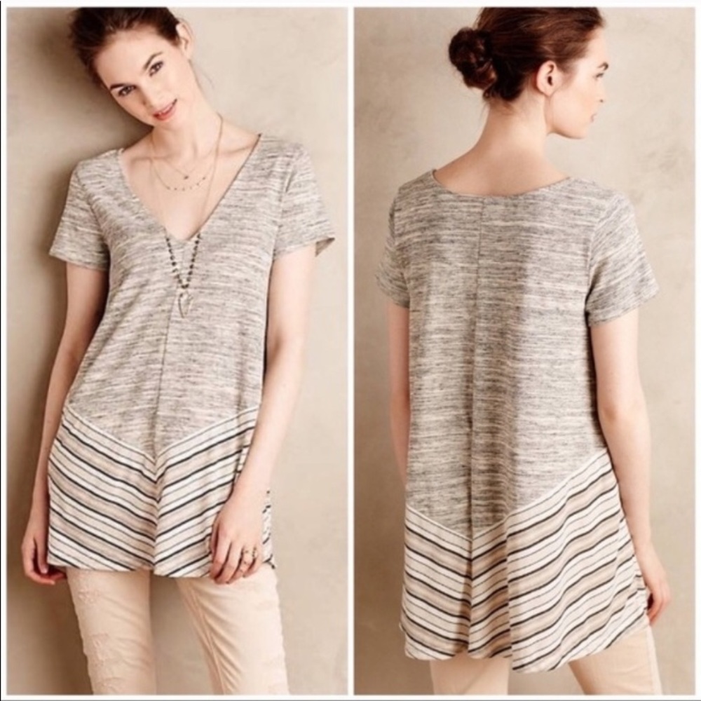 Anthro Puella Grey Space Dye Stripe Swing Tee